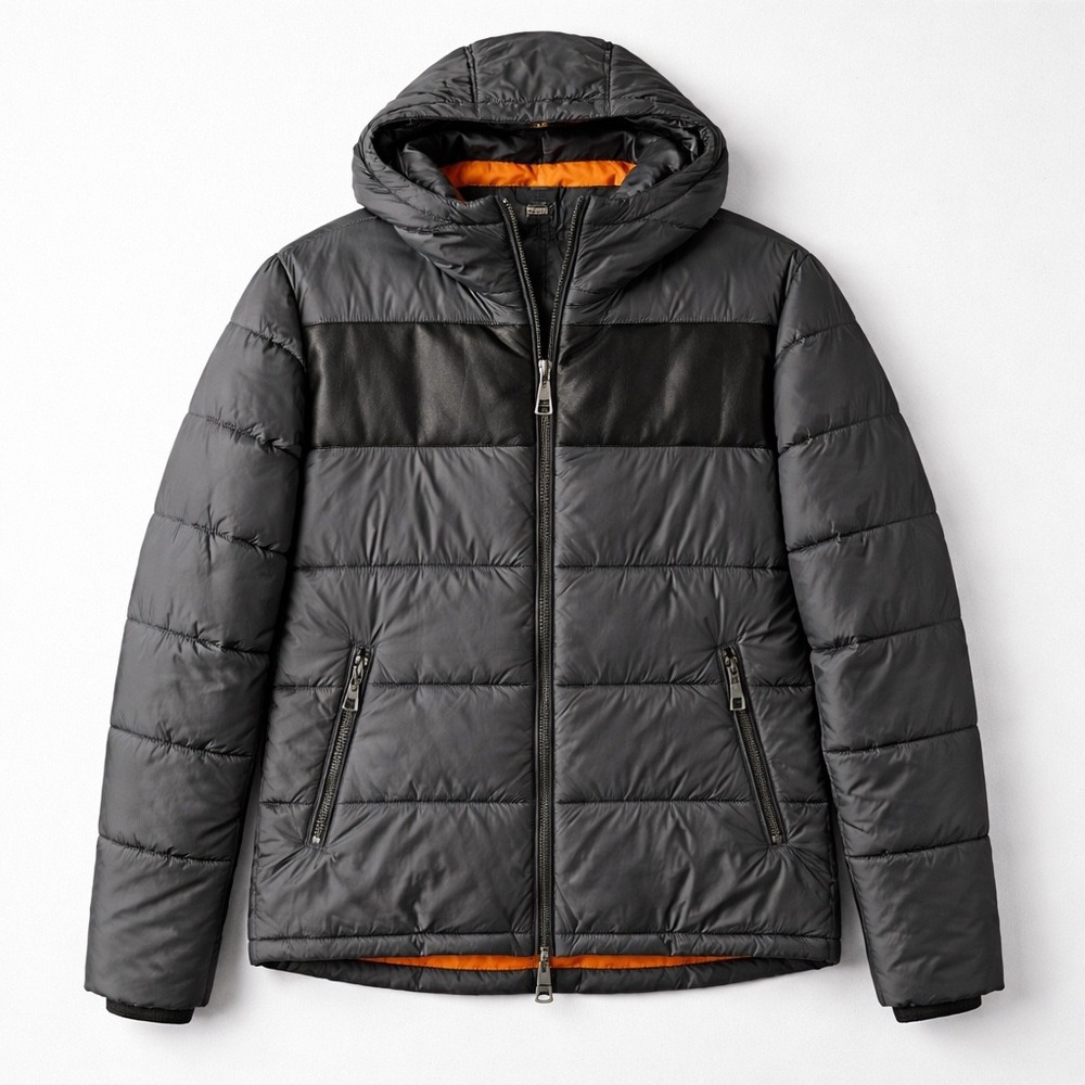 Marciano Los Angeles Mens Black Puffer Jacket Hooded Faux Leather Panel Size L‎